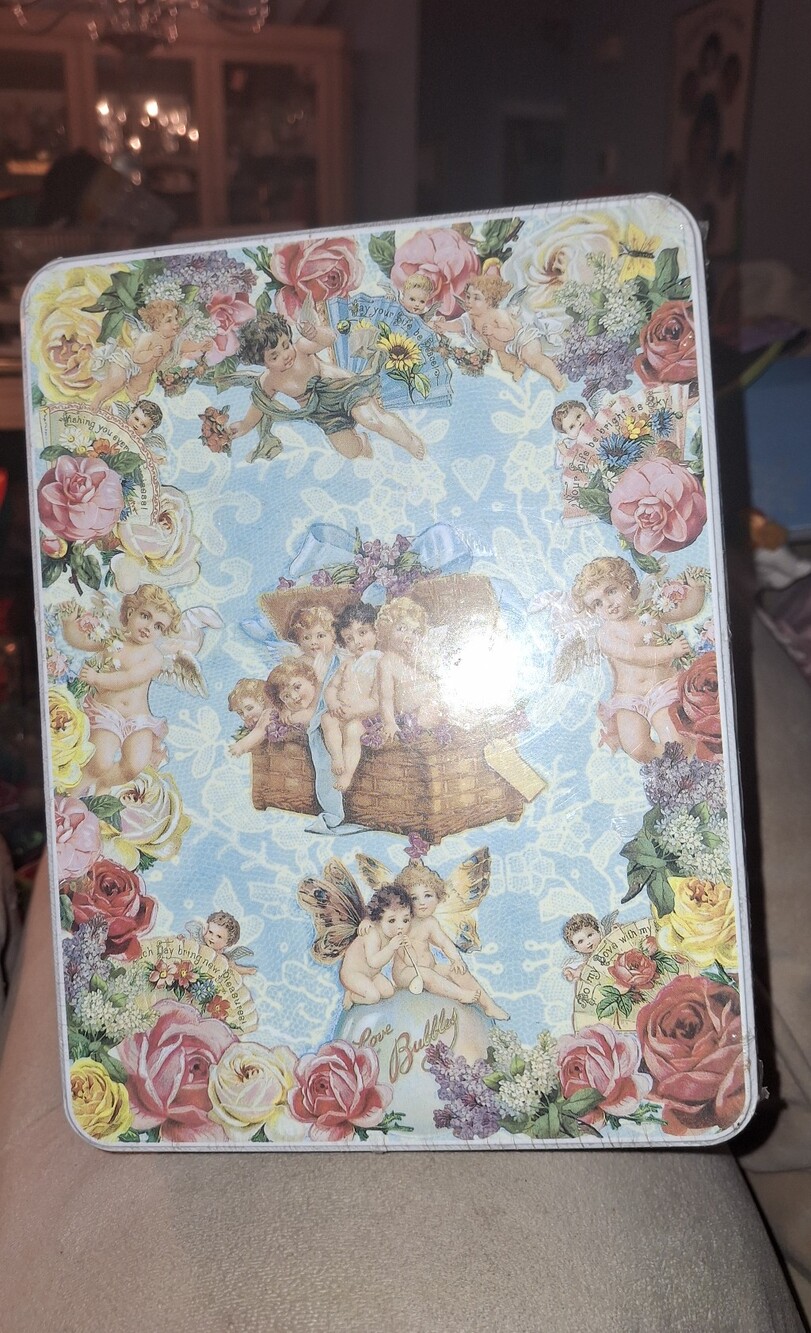 Cherub Floral Decorative Tin - Pastel Blue & Multicolor With 20 Writing Sheets
